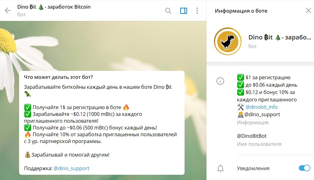 Телеграм проекта DinoBitBot