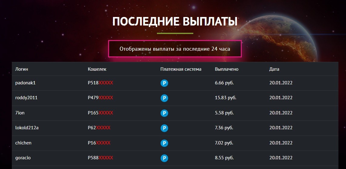 Выплаты в игре Cosmosfera