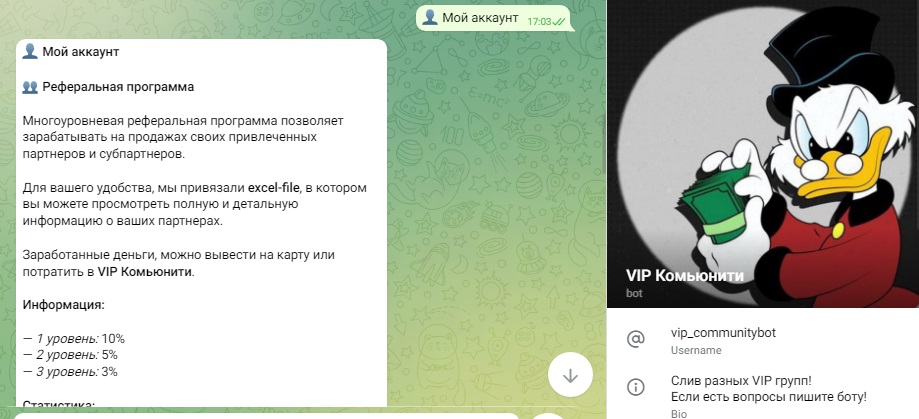 Реферальная программа на канле VIP Комьюнити